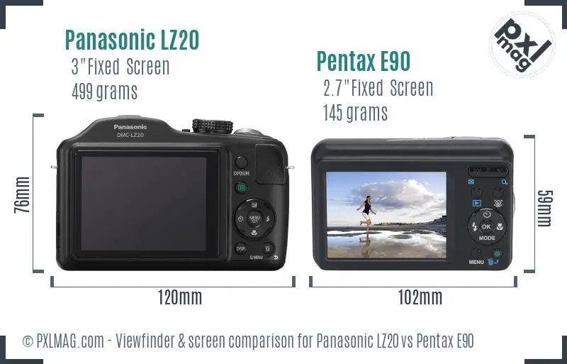 Panasonic LZ20 vs Pentax E90 Screen and Viewfinder comparison