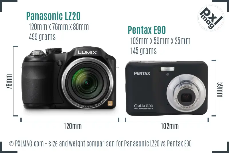Panasonic LZ20 vs Pentax E90 size comparison