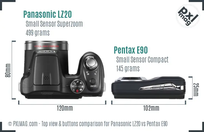 Panasonic LZ20 vs Pentax E90 top view buttons comparison