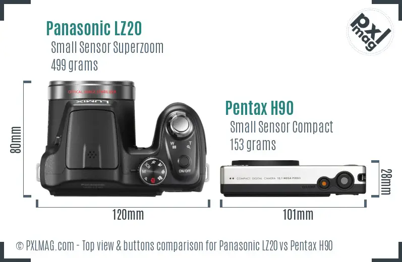 Panasonic LZ20 vs Pentax H90 top view buttons comparison