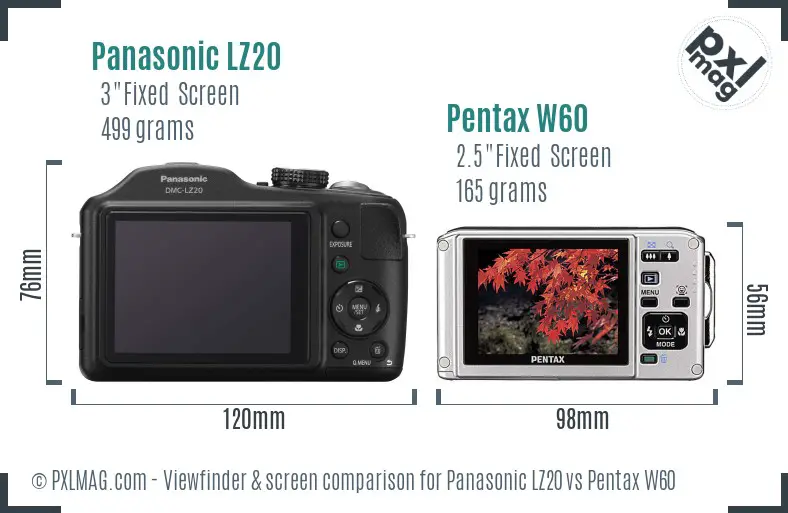 Panasonic LZ20 vs Pentax W60 Screen and Viewfinder comparison