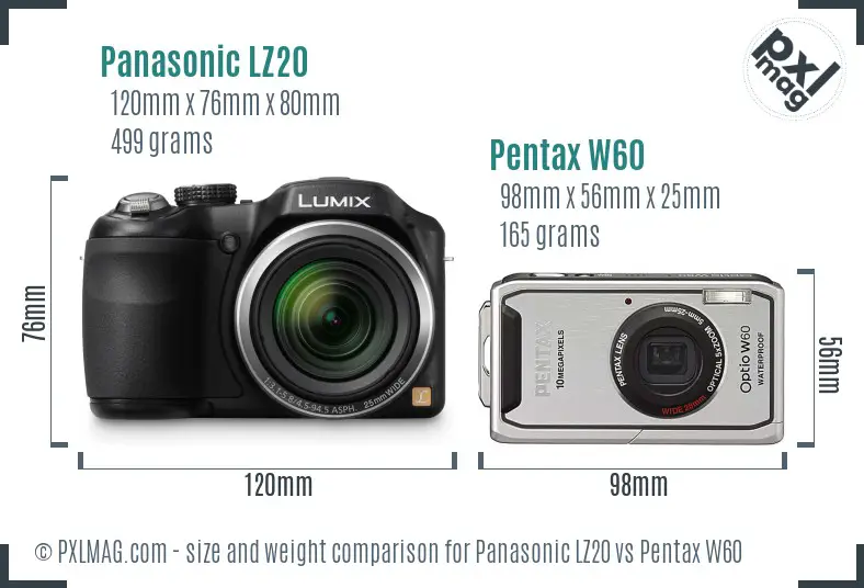 Panasonic LZ20 vs Pentax W60 size comparison