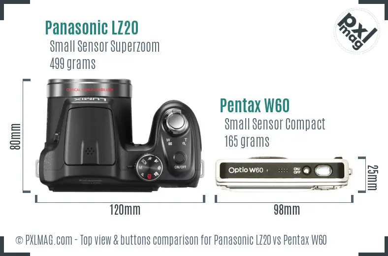 Panasonic LZ20 vs Pentax W60 top view buttons comparison