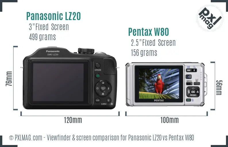 Panasonic LZ20 vs Pentax W80 Screen and Viewfinder comparison