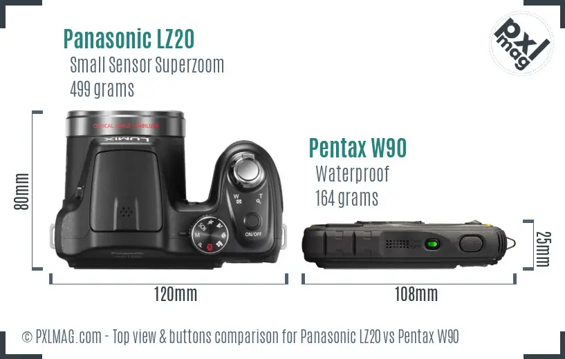 Panasonic LZ20 vs Pentax W90 top view buttons comparison