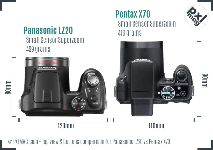 Panasonic LZ20 vs Pentax X70 top view buttons comparison