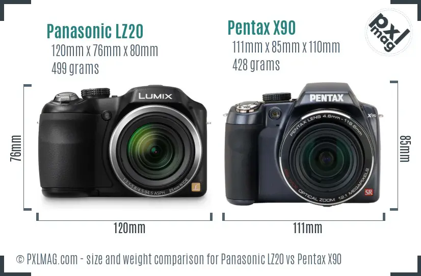 Panasonic LZ20 vs Pentax X90 size comparison