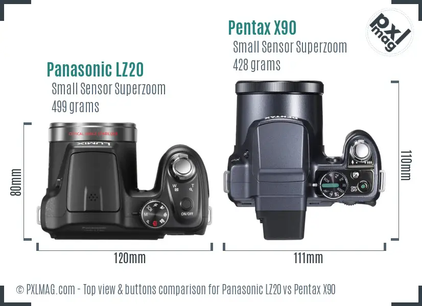 Panasonic LZ20 vs Pentax X90 top view buttons comparison