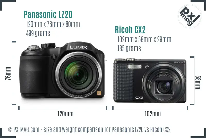 Panasonic LZ20 vs Ricoh CX2 size comparison