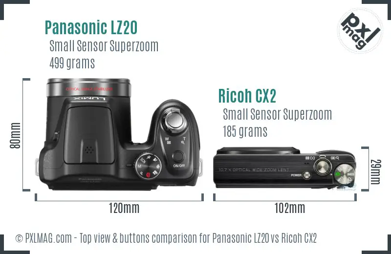 Panasonic LZ20 vs Ricoh CX2 top view buttons comparison