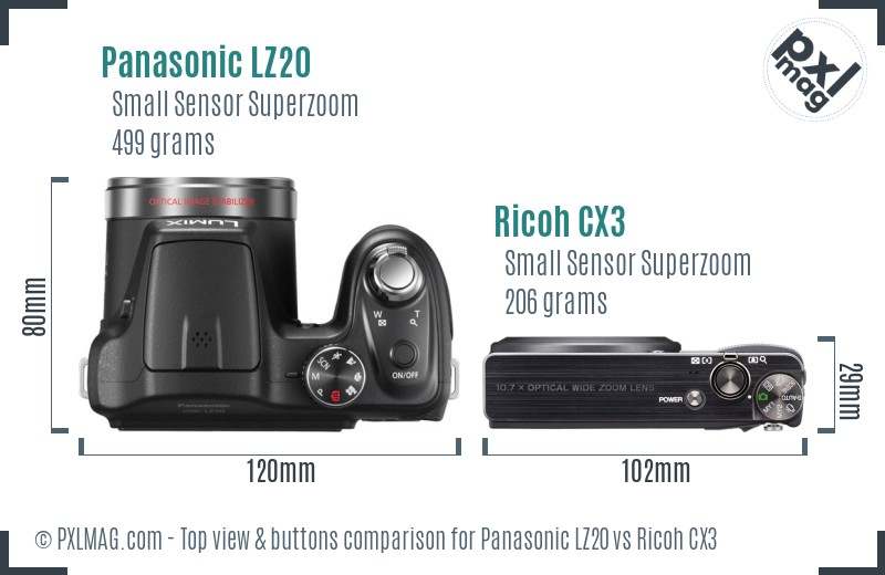 Panasonic LZ20 vs Ricoh CX3 top view buttons comparison