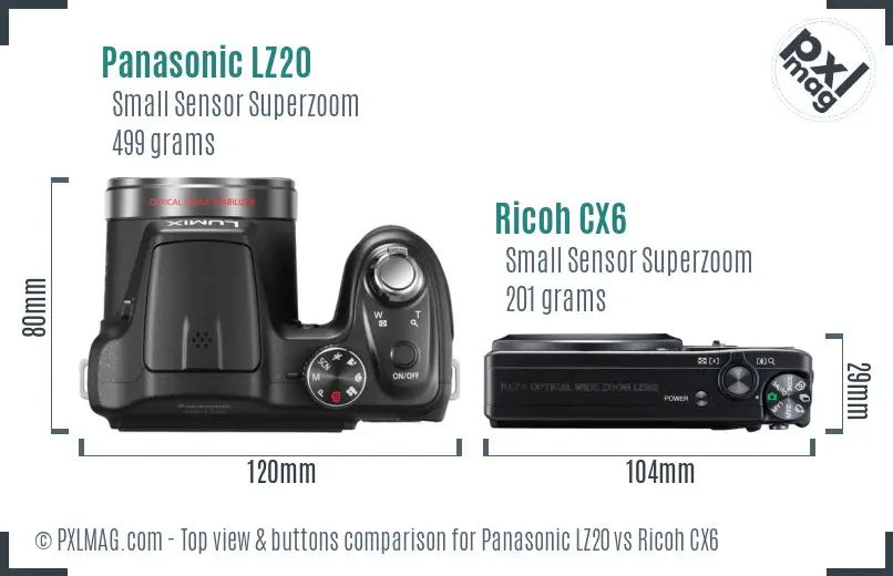 Panasonic LZ20 vs Ricoh CX6 top view buttons comparison