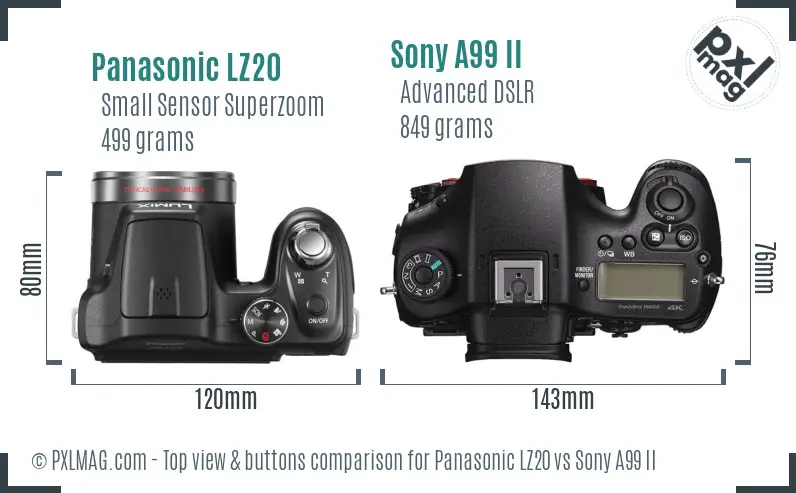 Panasonic LZ20 vs Sony A99 II top view buttons comparison