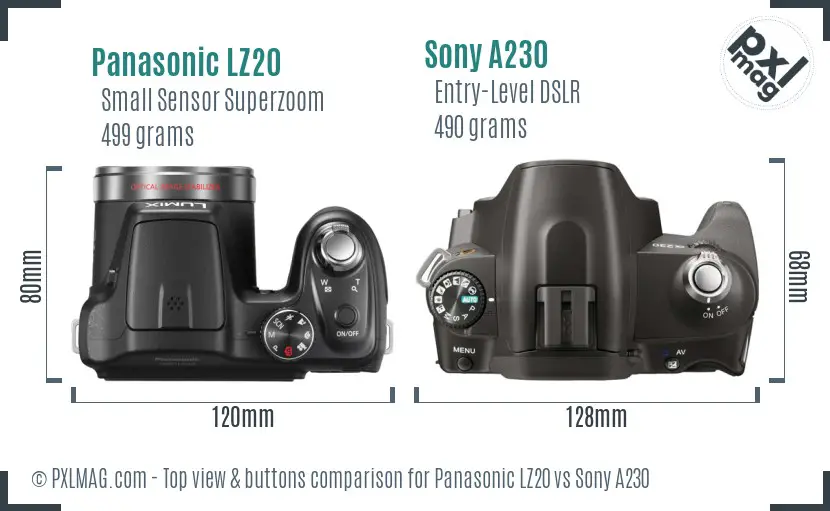 Panasonic LZ20 vs Sony A230 top view buttons comparison