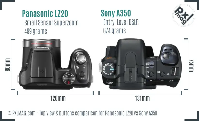 Panasonic LZ20 vs Sony A350 top view buttons comparison Panasonic LZ20 vs Sony A350 top view buttons comparison