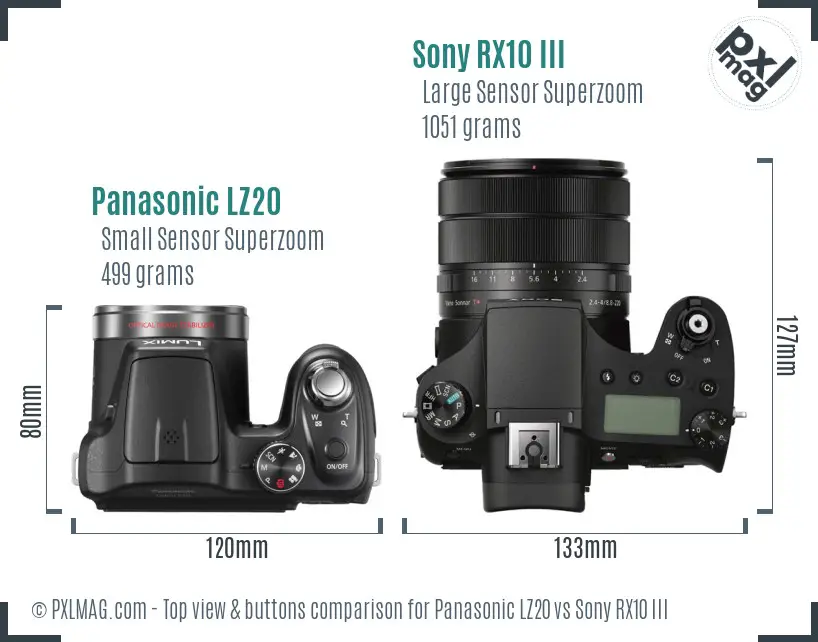 Panasonic LZ20 vs Sony RX10 III top view buttons comparison
