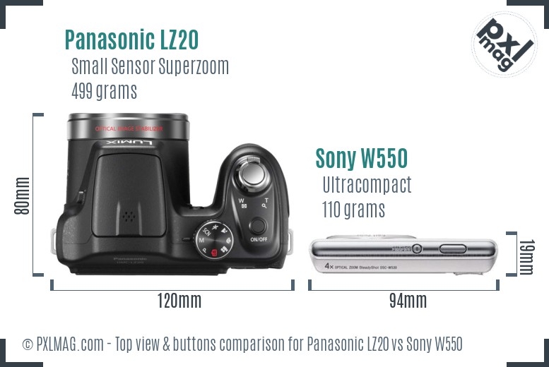 Panasonic LZ20 vs Sony W550 top view buttons comparison