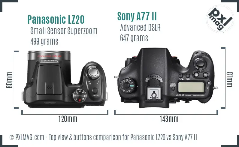 Panasonic LZ20 vs Sony A77 II top view buttons comparison