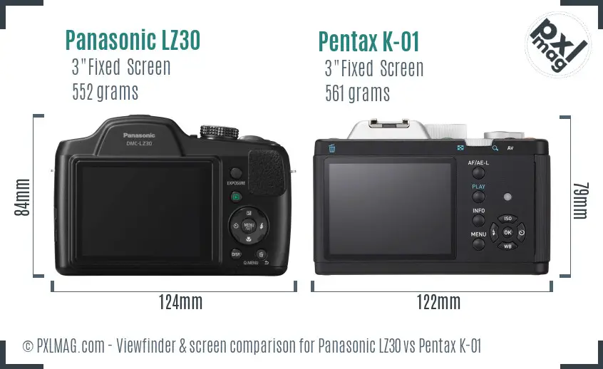 Panasonic LZ30 vs Pentax K-01 Screen and Viewfinder comparison