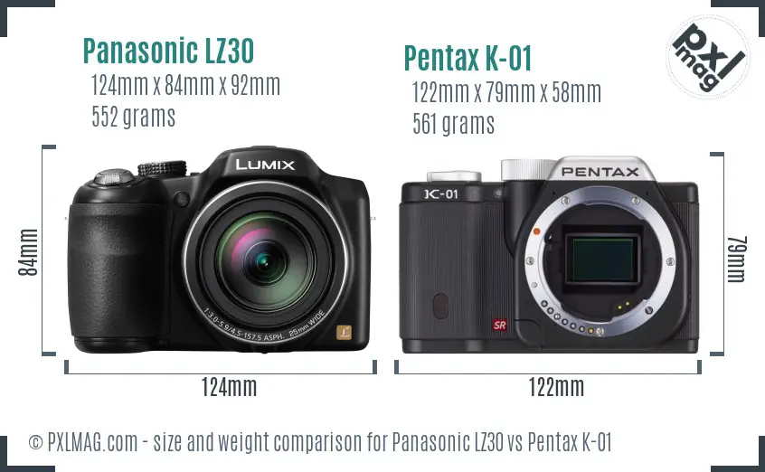 Panasonic LZ30 vs Pentax K-01 size comparison