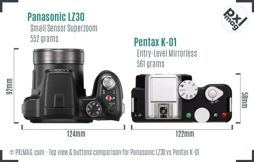 Panasonic LZ30 vs Pentax K-01 top view buttons comparison