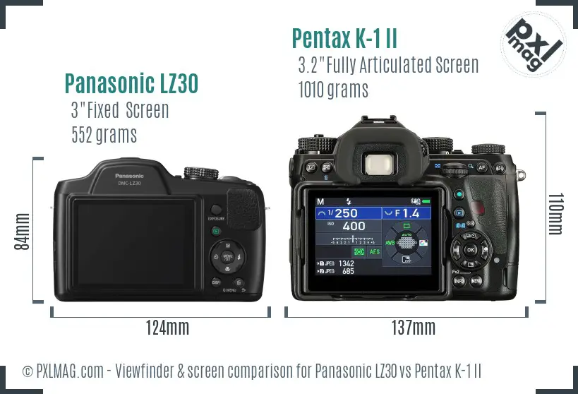 Panasonic LZ30 vs Pentax K-1 II Screen and Viewfinder comparison