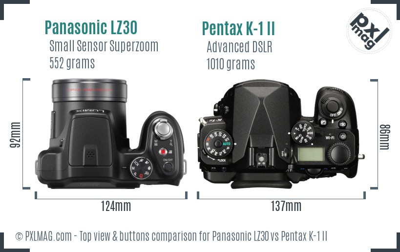 Panasonic LZ30 vs Pentax K-1 II top view buttons comparison