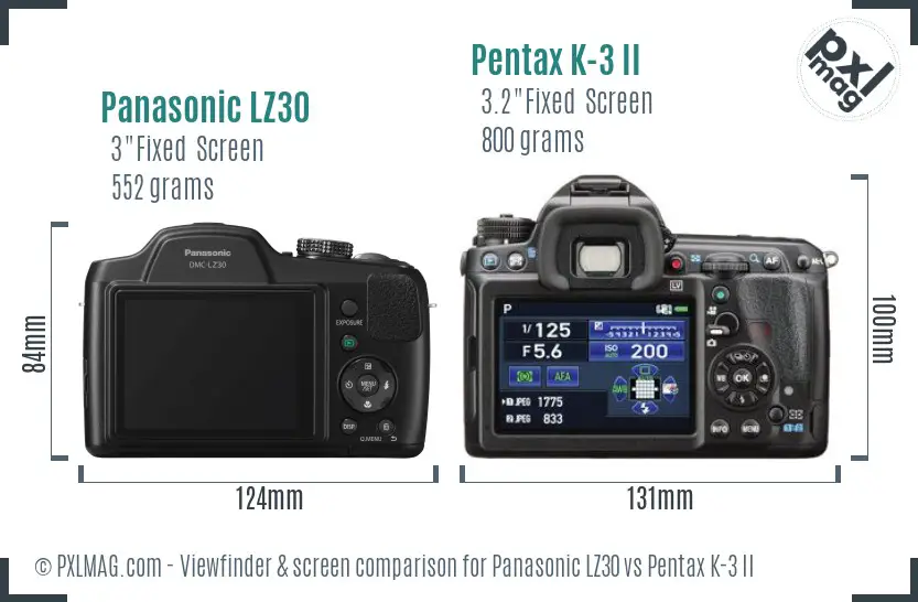 Panasonic LZ30 vs Pentax K-3 II Screen and Viewfinder comparison