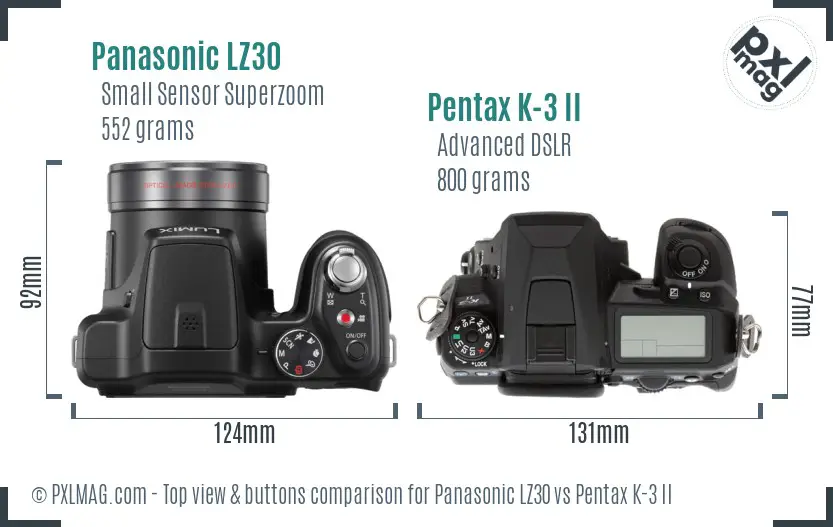 Panasonic LZ30 vs Pentax K-3 II top view buttons comparison