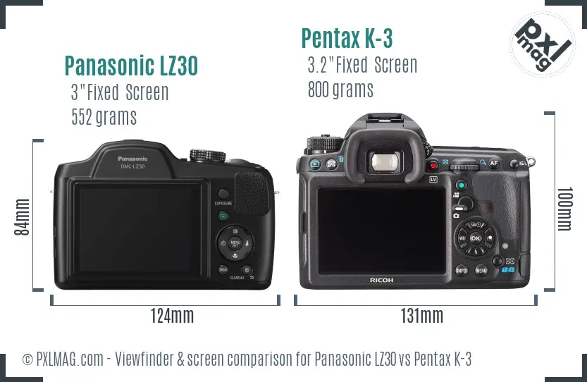Panasonic LZ30 vs Pentax K-3 Screen and Viewfinder comparison