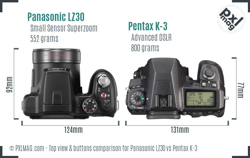 Panasonic LZ30 vs Pentax K-3 top view buttons comparison