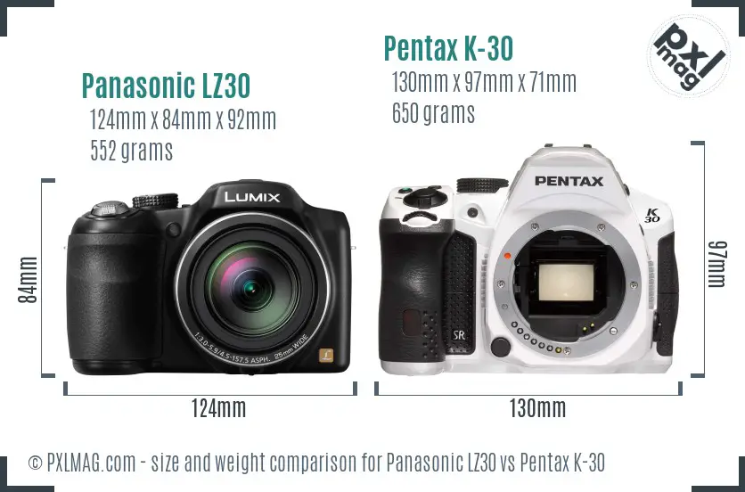 Panasonic LZ30 vs Pentax K-30 size comparison