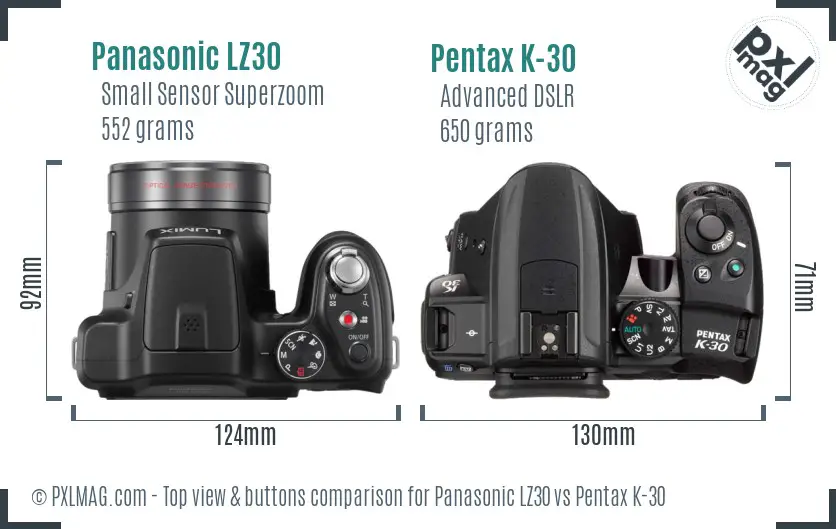 Panasonic LZ30 vs Pentax K-30 top view buttons comparison