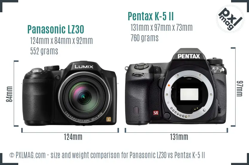 Panasonic LZ30 vs Pentax K-5 II size comparison