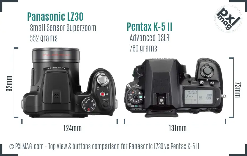 Panasonic LZ30 vs Pentax K-5 II top view buttons comparison