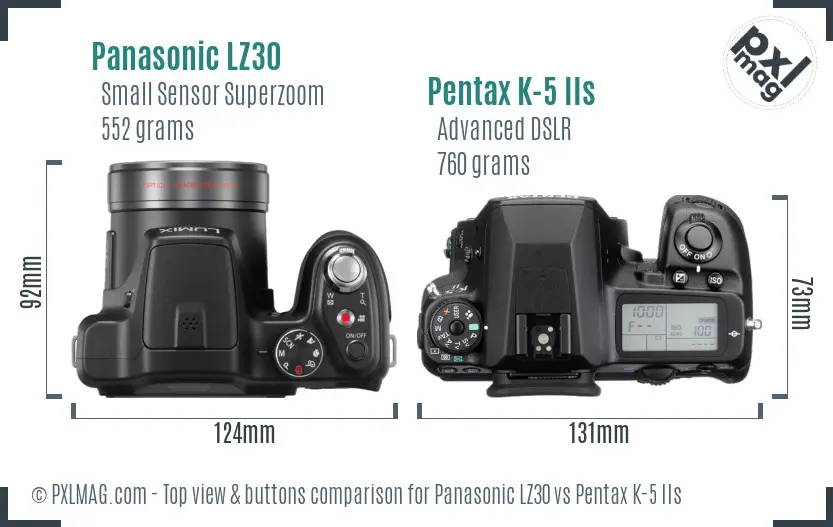 Panasonic LZ30 vs Pentax K-5 IIs top view buttons comparison