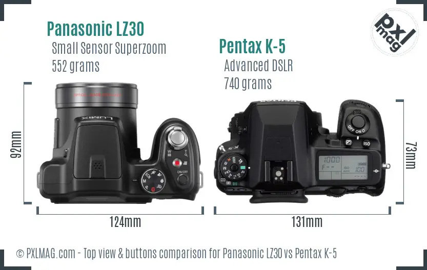 Panasonic LZ30 vs Pentax K-5 top view buttons comparison