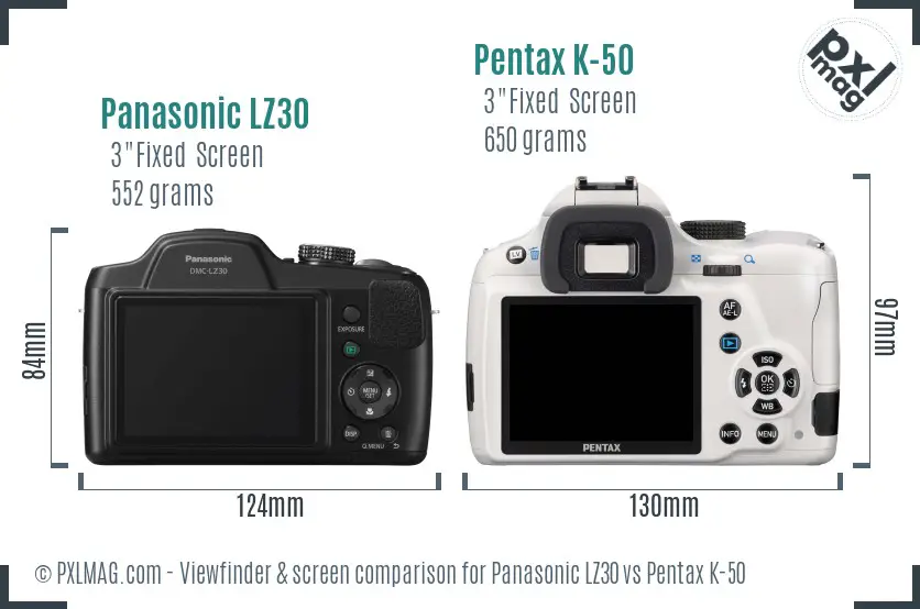 Panasonic LZ30 vs Pentax K-50 Screen and Viewfinder comparison