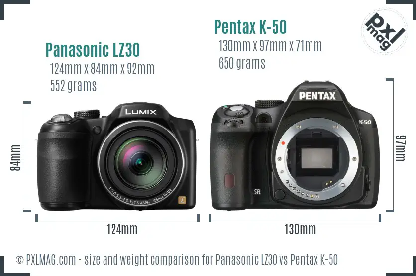 Panasonic LZ30 vs Pentax K-50 size comparison