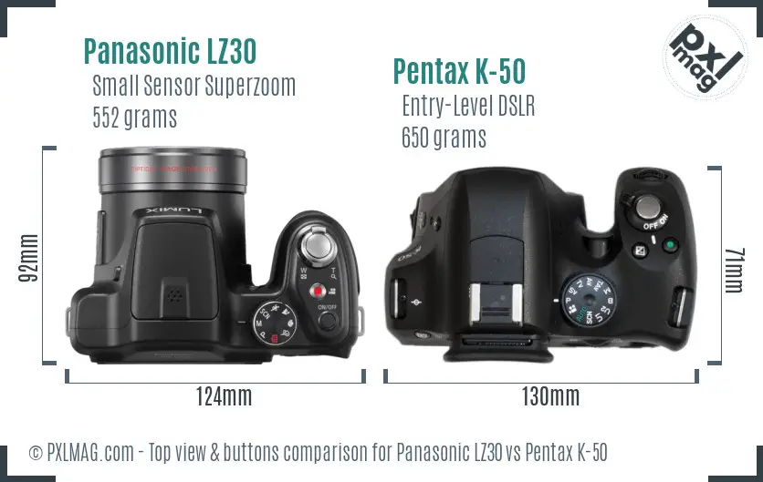 Panasonic LZ30 vs Pentax K-50 top view buttons comparison
