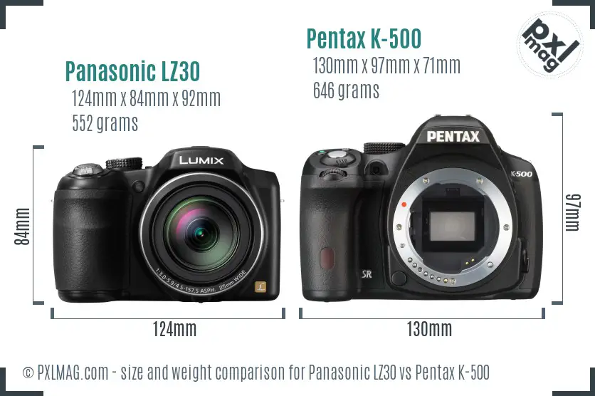Panasonic LZ30 vs Pentax K-500 size comparison