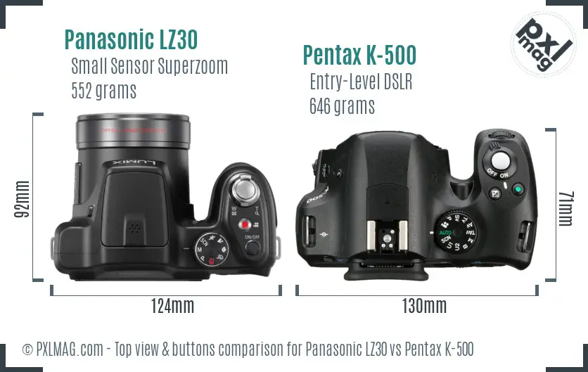 Panasonic LZ30 vs Pentax K-500 top view buttons comparison