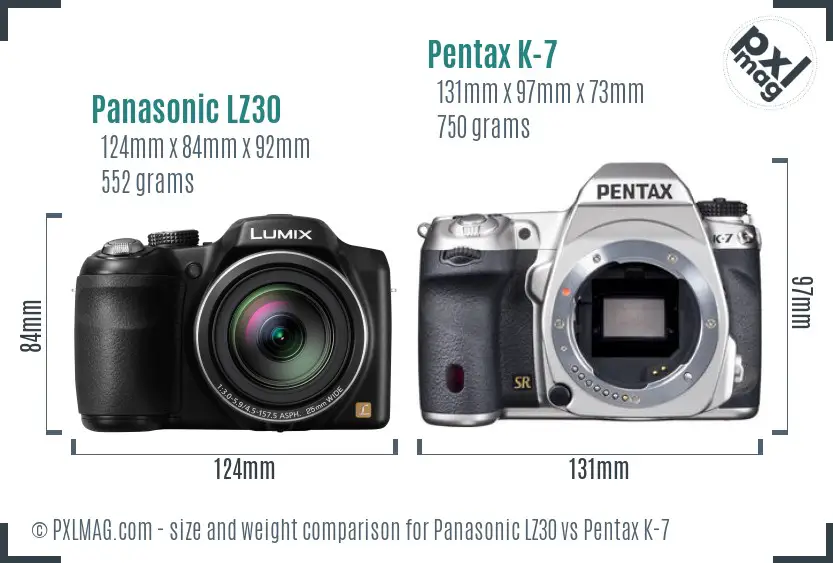 Panasonic LZ30 vs Pentax K-7 size comparison