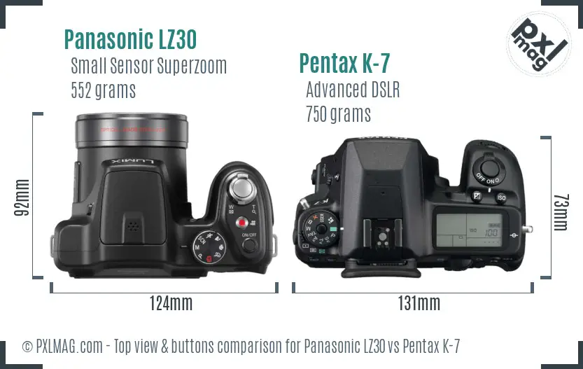 Panasonic LZ30 vs Pentax K-7 top view buttons comparison