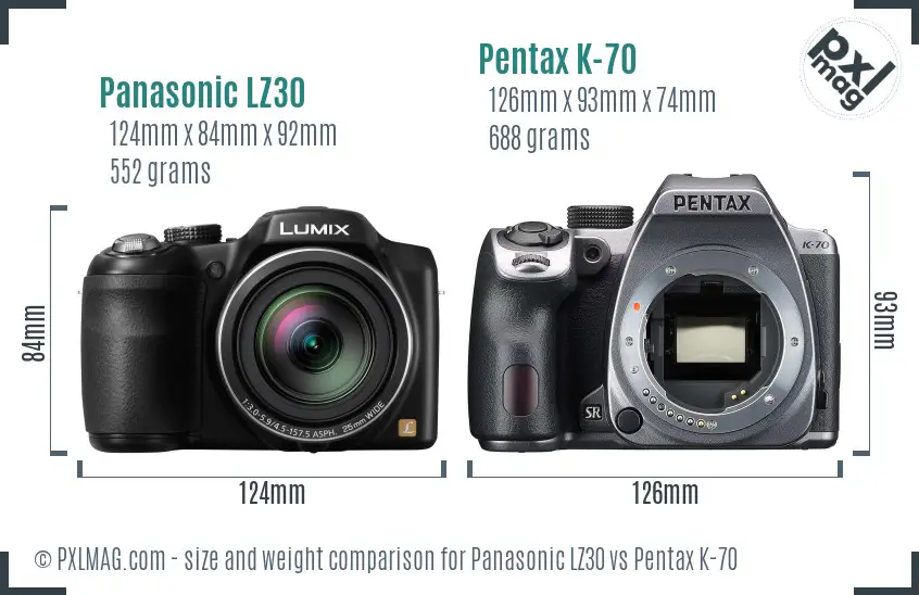 Panasonic LZ30 vs Pentax K-70 size comparison