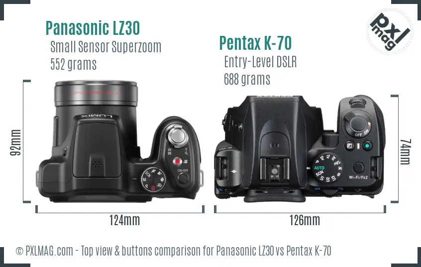 Panasonic LZ30 vs Pentax K-70 top view buttons comparison