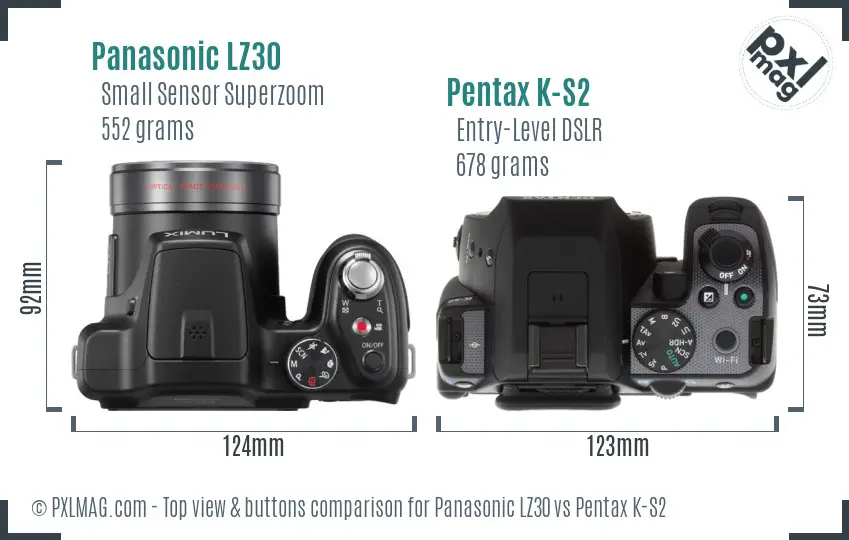 Panasonic LZ30 vs Pentax K-S2 top view buttons comparison