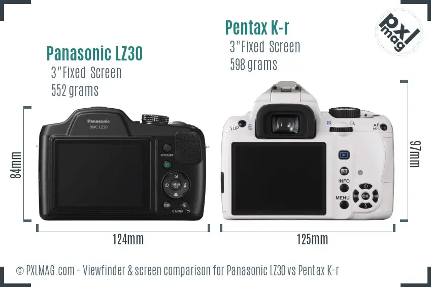 Panasonic LZ30 vs Pentax K-r Screen and Viewfinder comparison