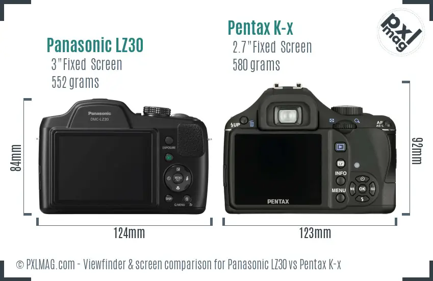 Panasonic LZ30 vs Pentax K-x Screen and Viewfinder comparison