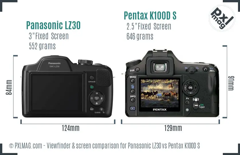 Panasonic LZ30 vs Pentax K100D S Screen and Viewfinder comparison